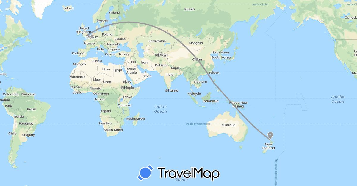 TravelMap itinerary: driving, plane in Belgium, United Kingdom, New Zealand, Philippines (Asia, Europe, Oceania)